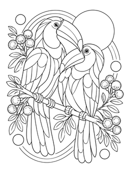 A pair of perched birds features on this detailed toucan coloring page.