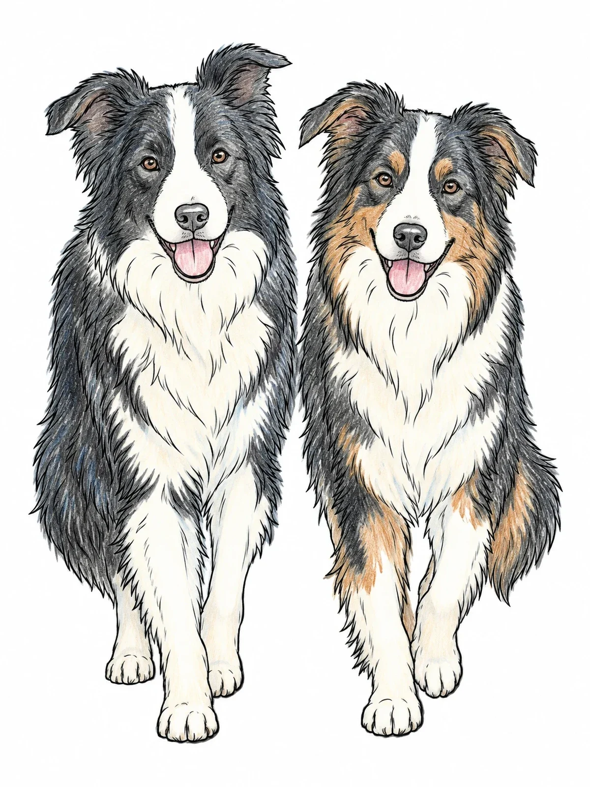 Colored example of the Pair Of Walking Border Collies coloring page