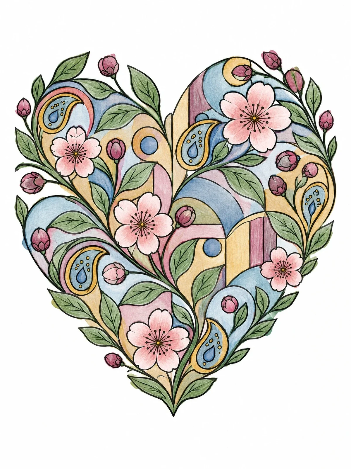 Colored example of the Paisley Heart With Cherry Blossoms coloring page