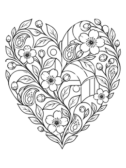 Detailed paisley heart coloring page with cherry blossoms and leaves.