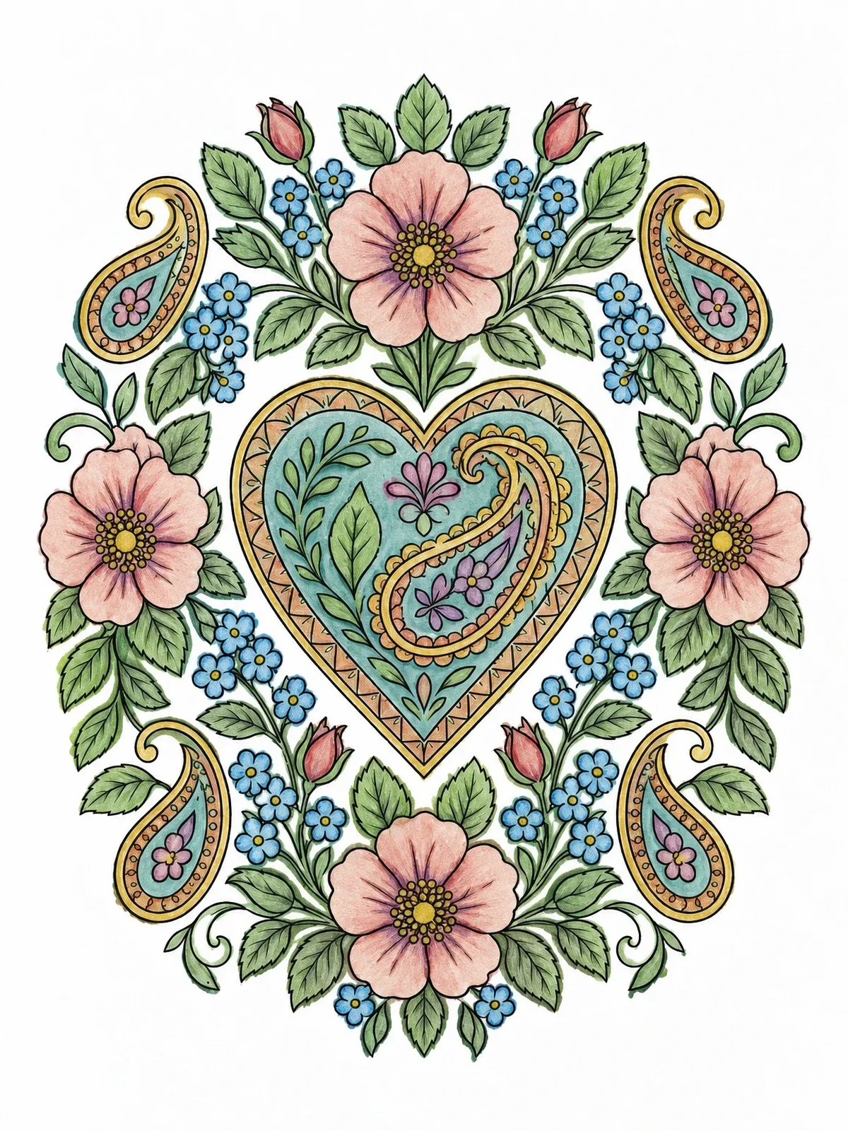 Colored example of the Paisley Heart Wreath With Wildflowers coloring page