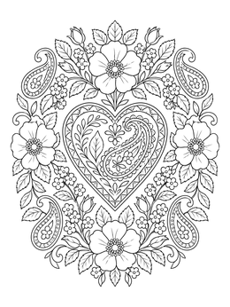 A decorative paisley heart coloring page surrounded by blooming wild roses and ornate swirls.