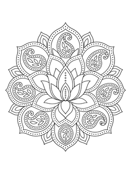 Detailed lotus flower coloring page featuring circular mandala petals and paisley patterns.