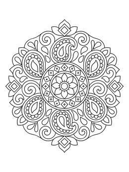 Intricate circular paisley patterns on this doodle coloring page.