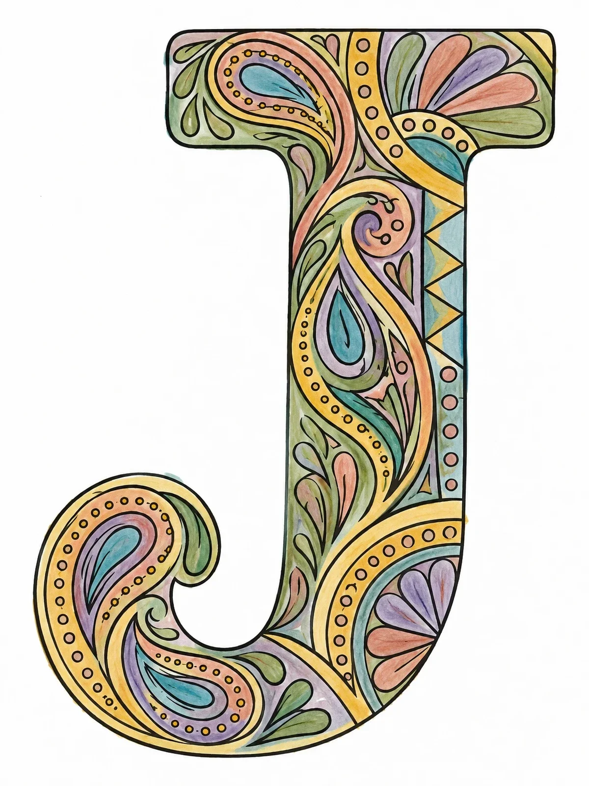 Colored example of the Paisley Zentangle Capital Letter J coloring page