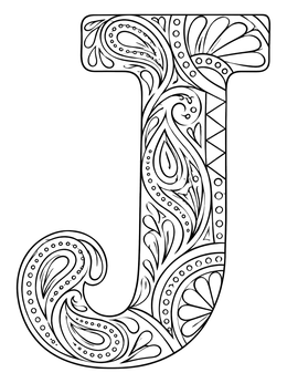 An intricate paisley and floral patterned letter j coloring page for mindful coloring.