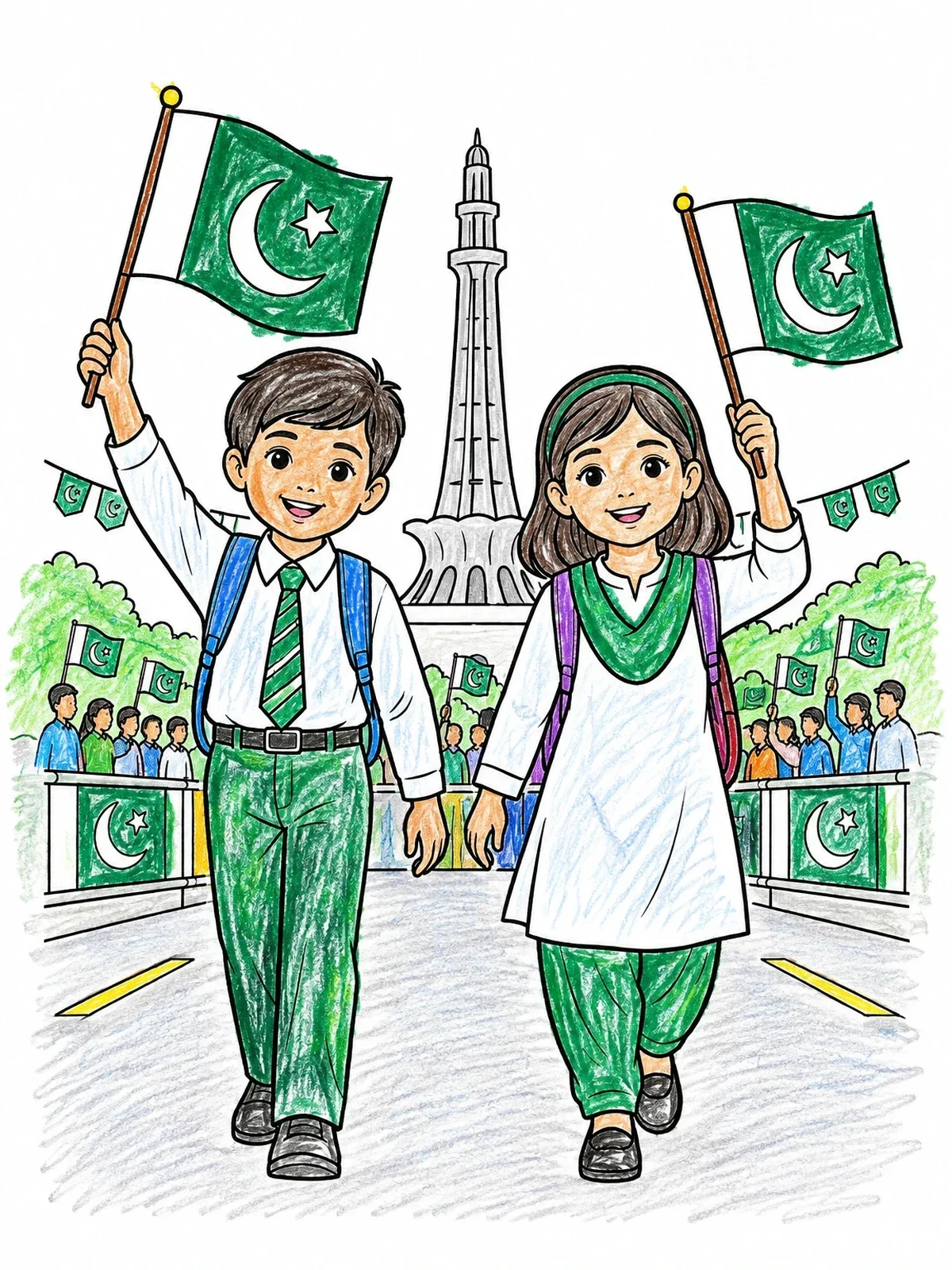 Colored example of the Children Celebrating Pakistan Independence Day coloring page