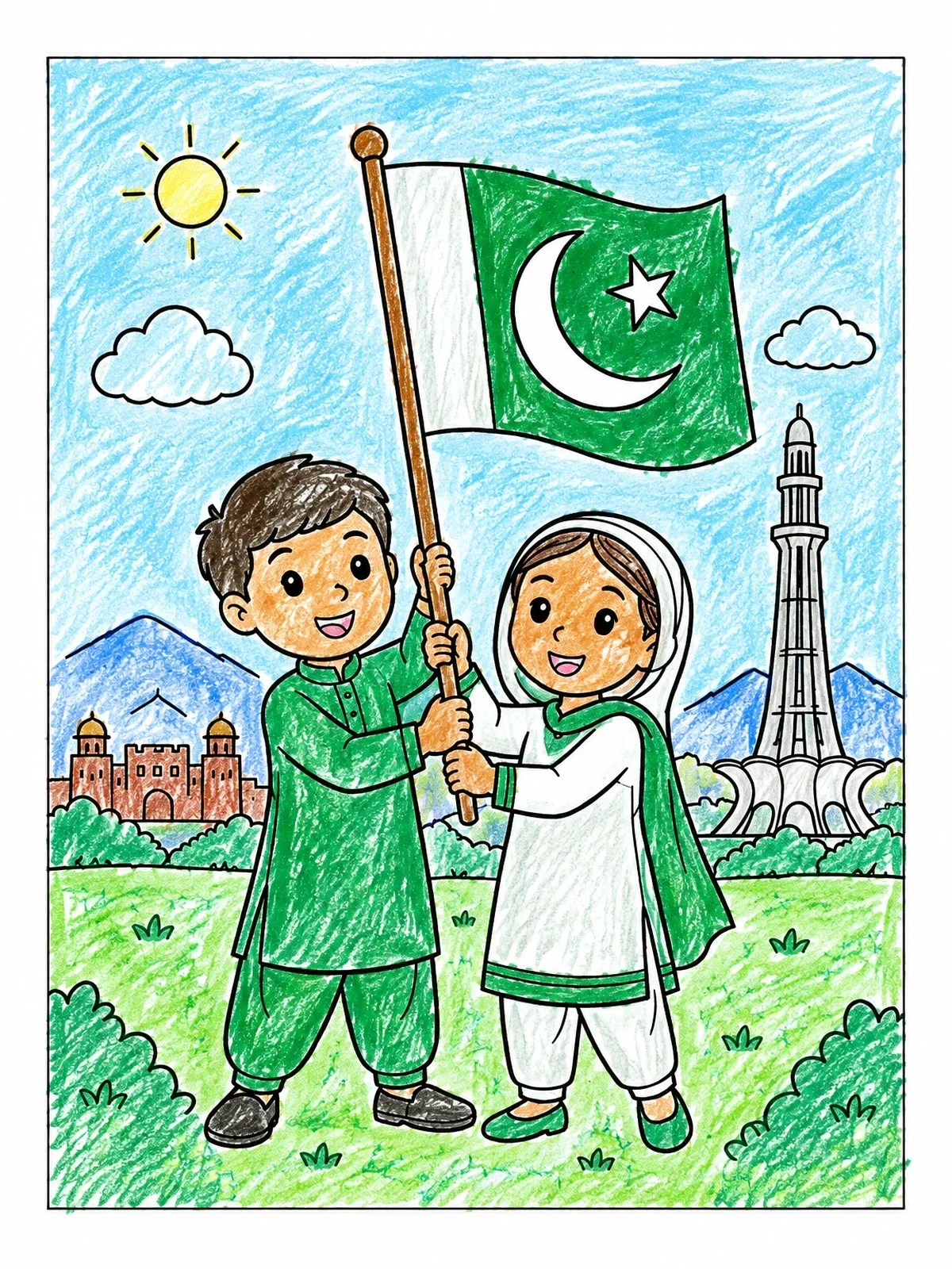 Colored example of the Children Holding The Pakistan Flag coloring page