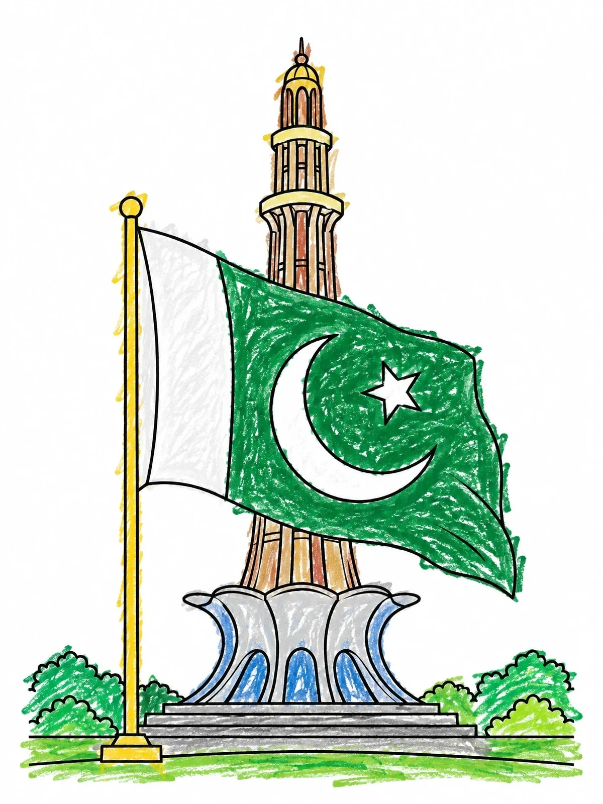 Colored example of the Pakistan Flag And Minar E Pakistan coloring page
