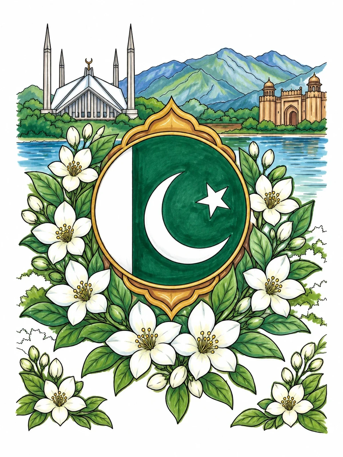 Colored example of the Pakistani Flag Emblem With Jasmine And Landmarks coloring page