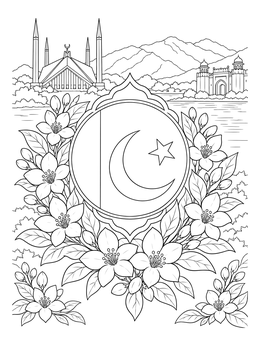 Free printable Pakistani Flag Emblem With Jasmine And Landmarks coloring page