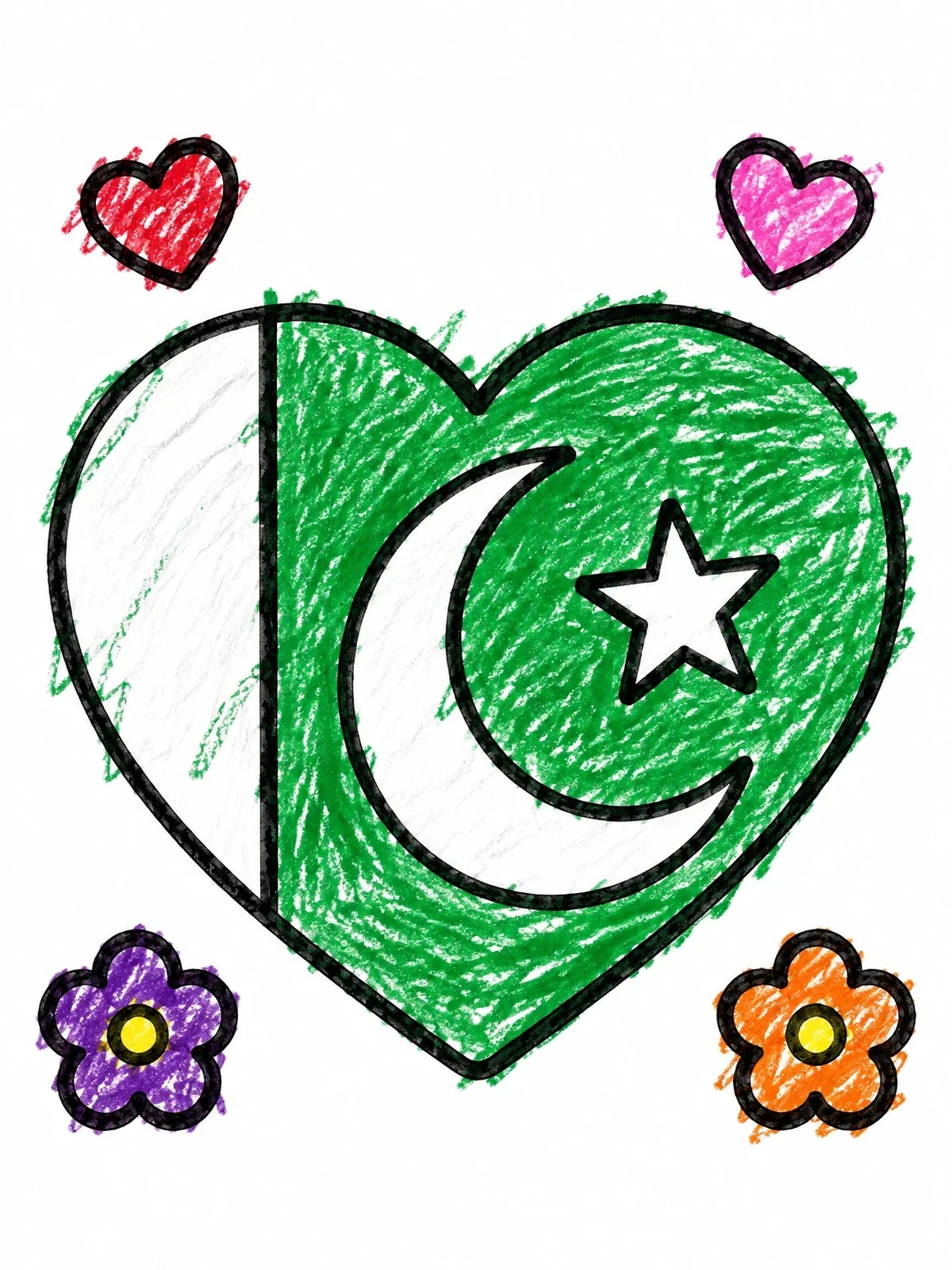 Colored example of the Pakistan Flag Heart With Flowers coloring page