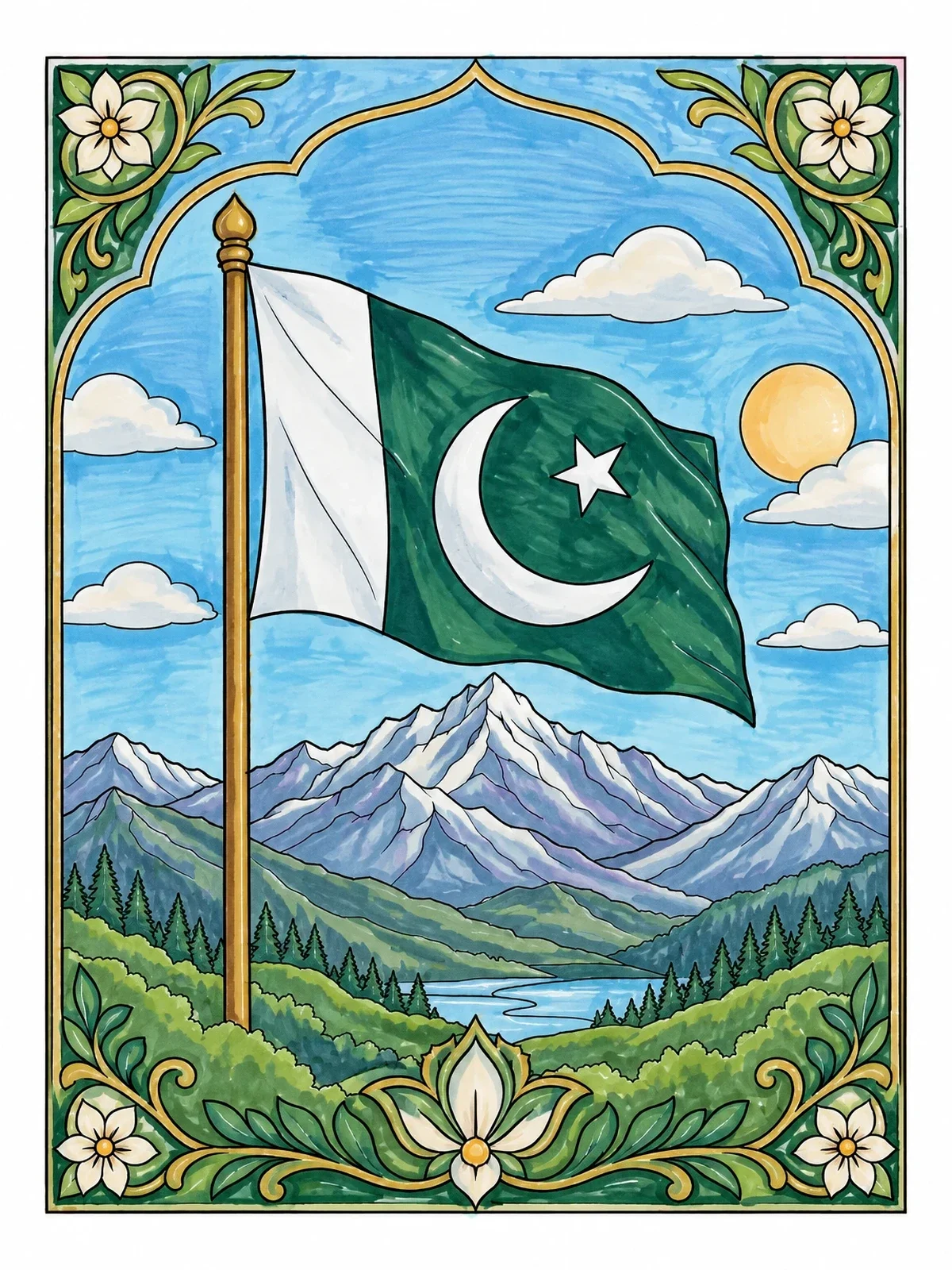 Colored example of the Pakistan Flag Over Mountain Ridge coloring page
