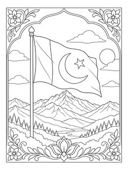 Free printable Pakistan Flag Over Mountain Ridge coloring page
