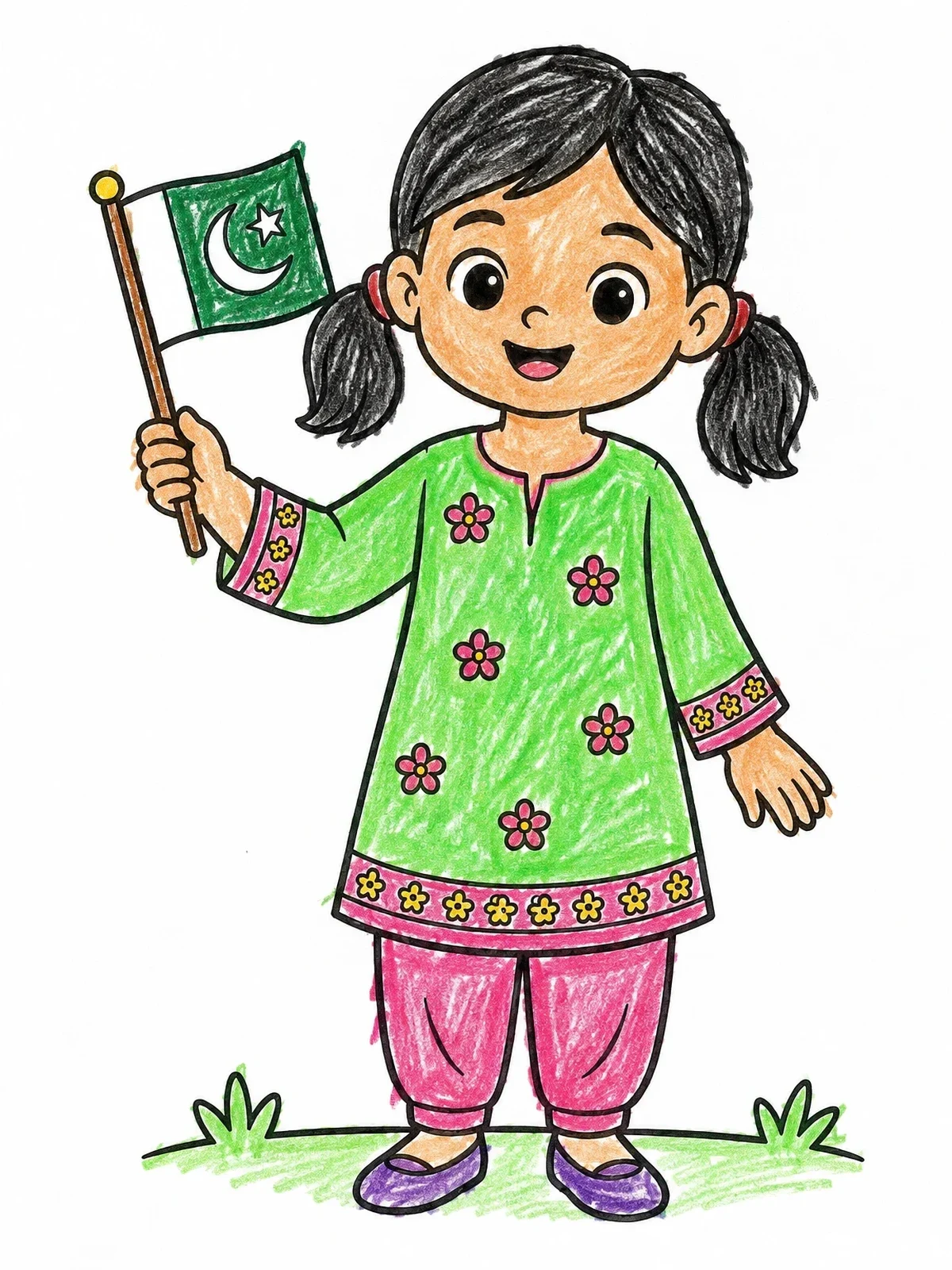 Colored example of the Girl Holding Pakistan Flag coloring page