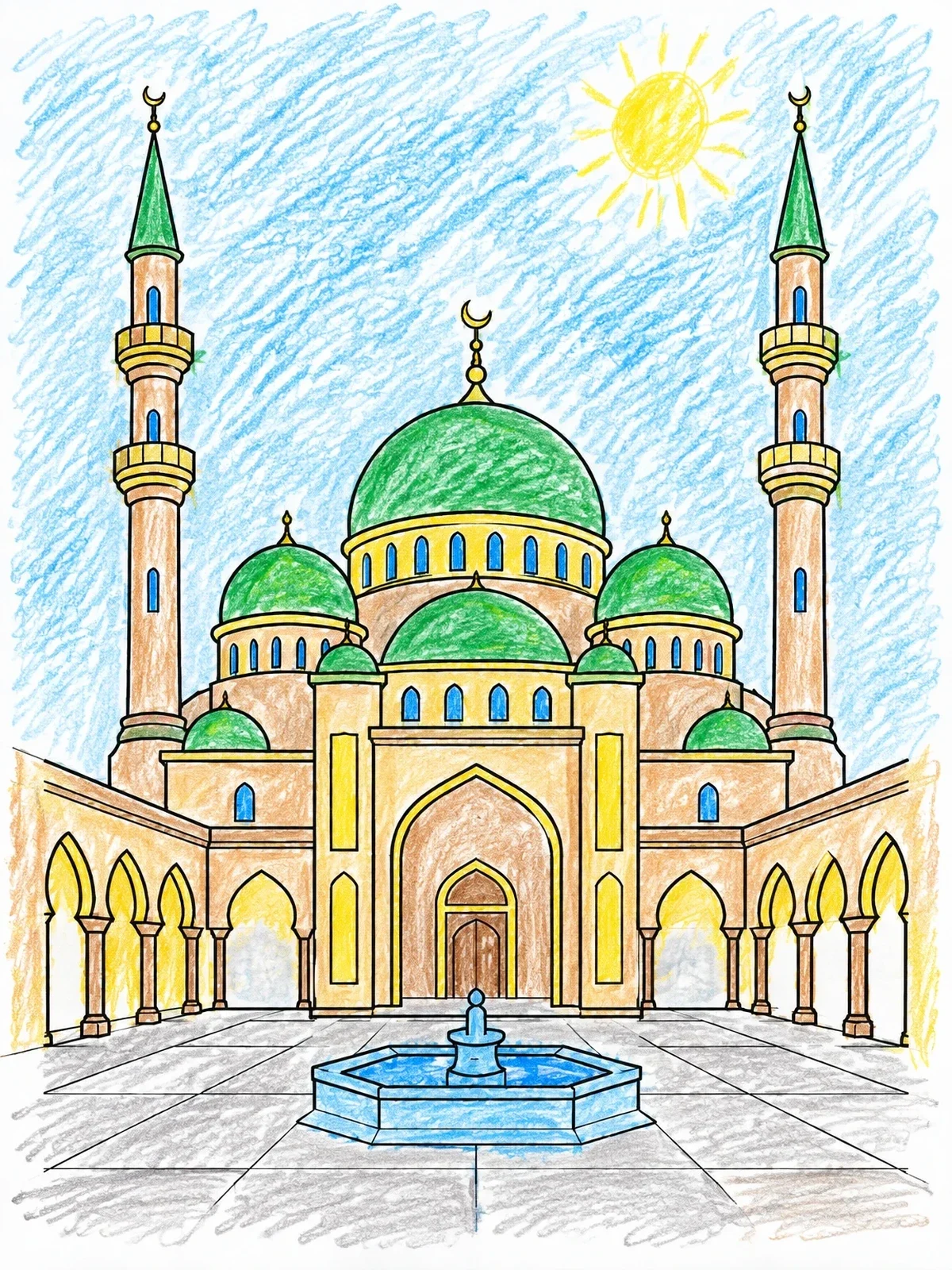 Colored example of the Grand Mosque Courtyard And Minarets coloring page