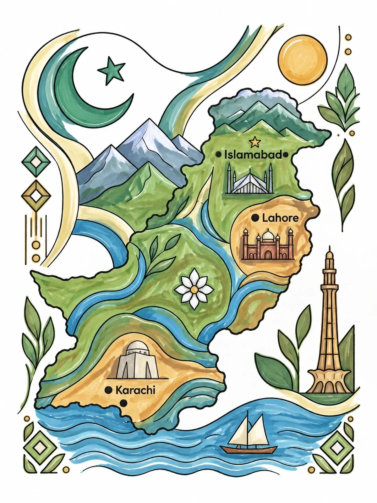 Colored example of the Illustrated Map Of Pakistan With Landmarks coloring page
