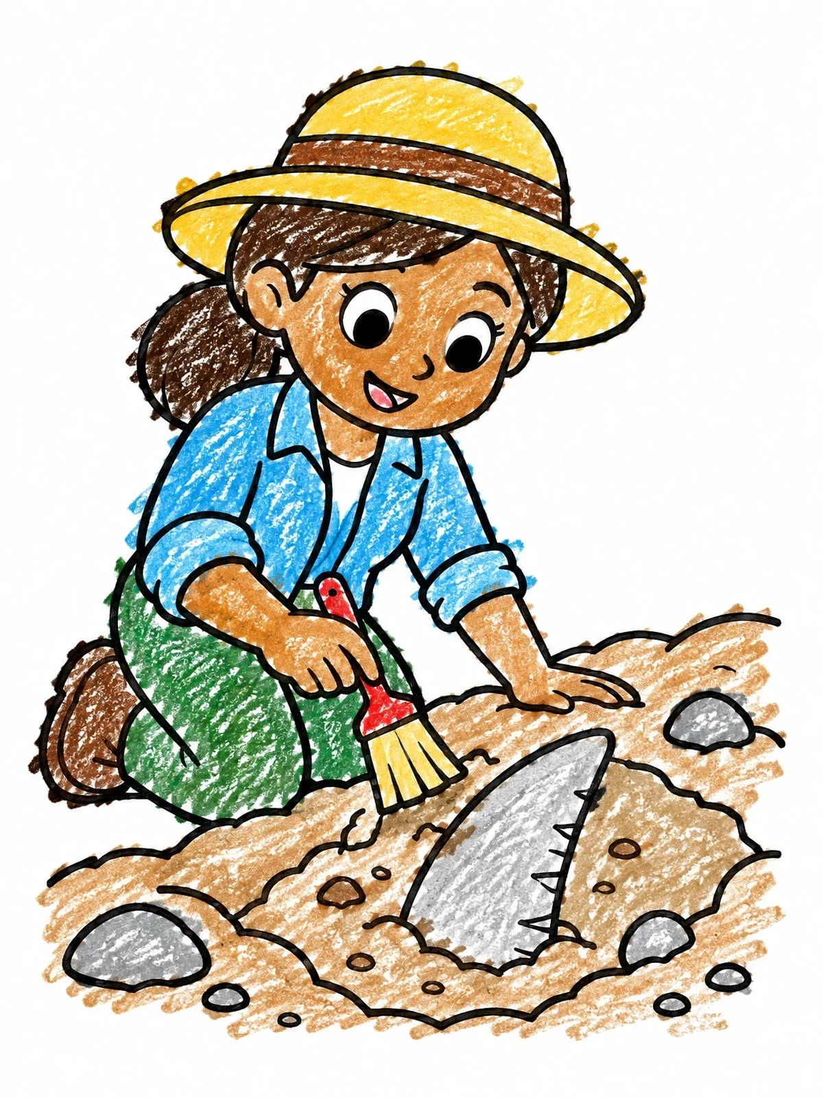 Colored example of the Cute Paleontologist Brushing A Dinosaur Tooth coloring page