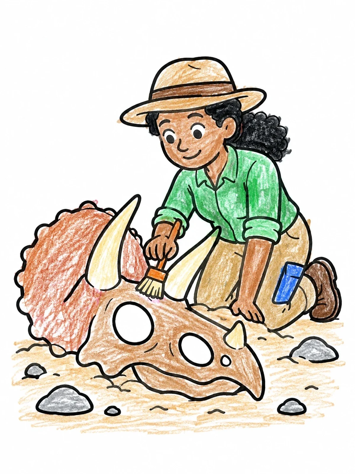 Colored example of the Paleontologist Brushing A Triceratops Skull coloring page