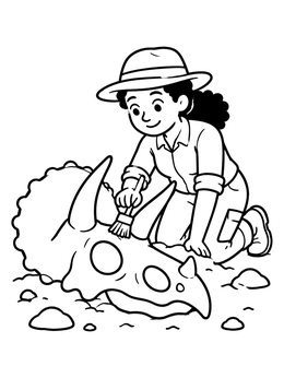 Free printable Paleontologist Brushing A Triceratops Skull coloring page