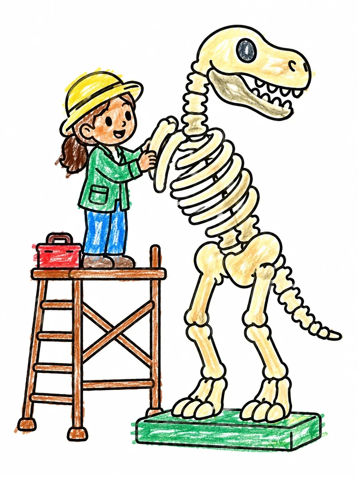 Colored example of the Young Paleontologist Building Dinosaur Skeleton coloring page