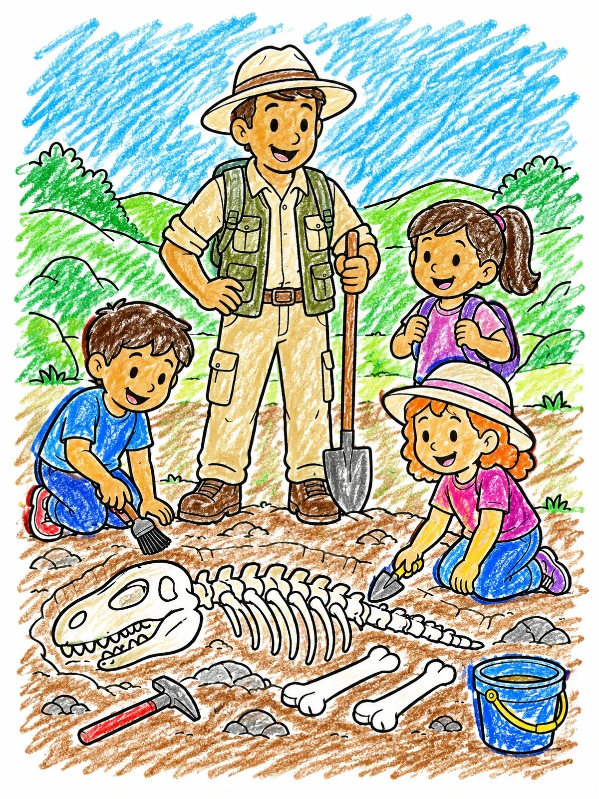 Colored example of the Paleontologist And Children Uncovering Dinosaur Fossil coloring page