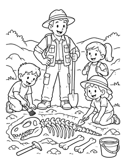 Free printable Paleontologist And Children Uncovering Dinosaur Fossil coloring page