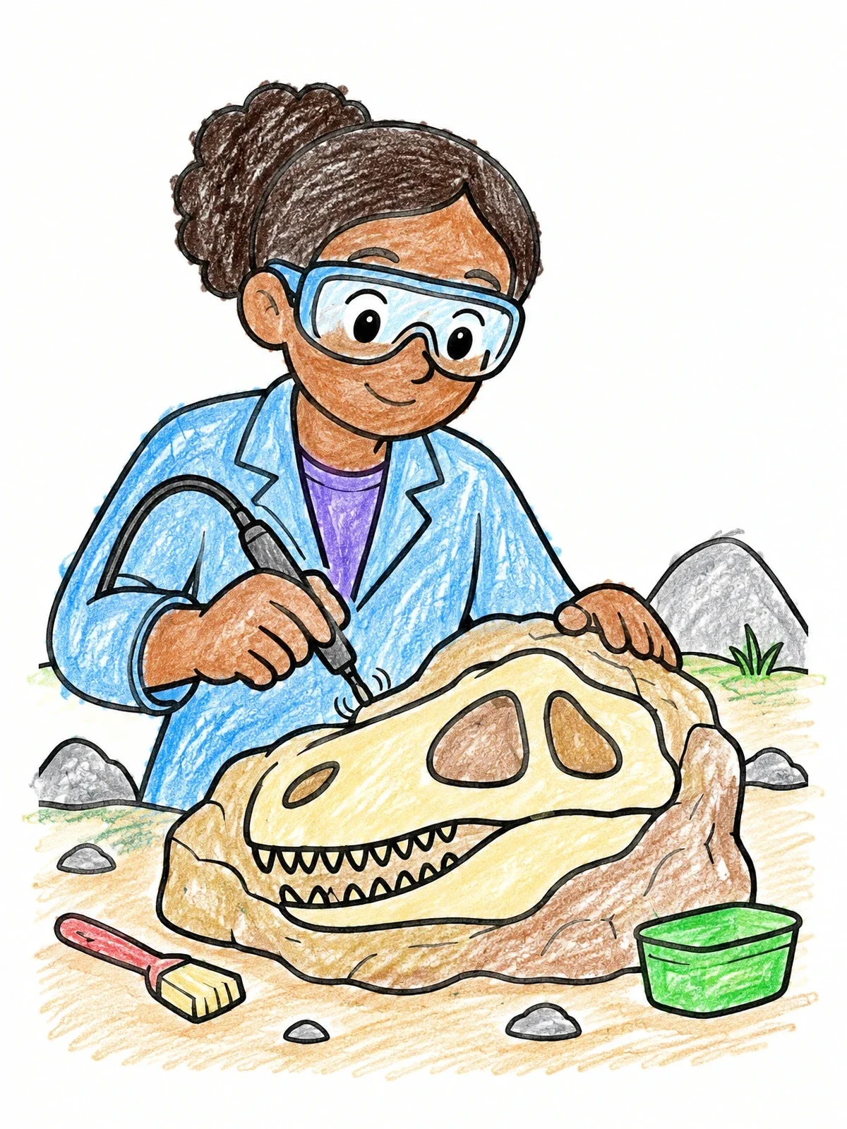 Colored example of the Paleontologist Cleaning A Dinosaur Skull coloring page