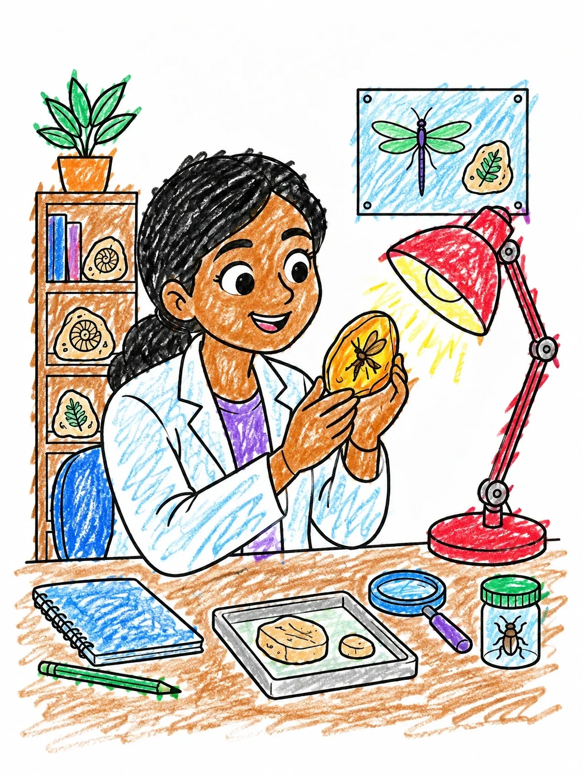 Colored example of the Scientist Examining Amber Under Desk Lamp coloring page