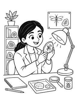 Free printable Scientist Examining Amber Under Desk Lamp coloring page