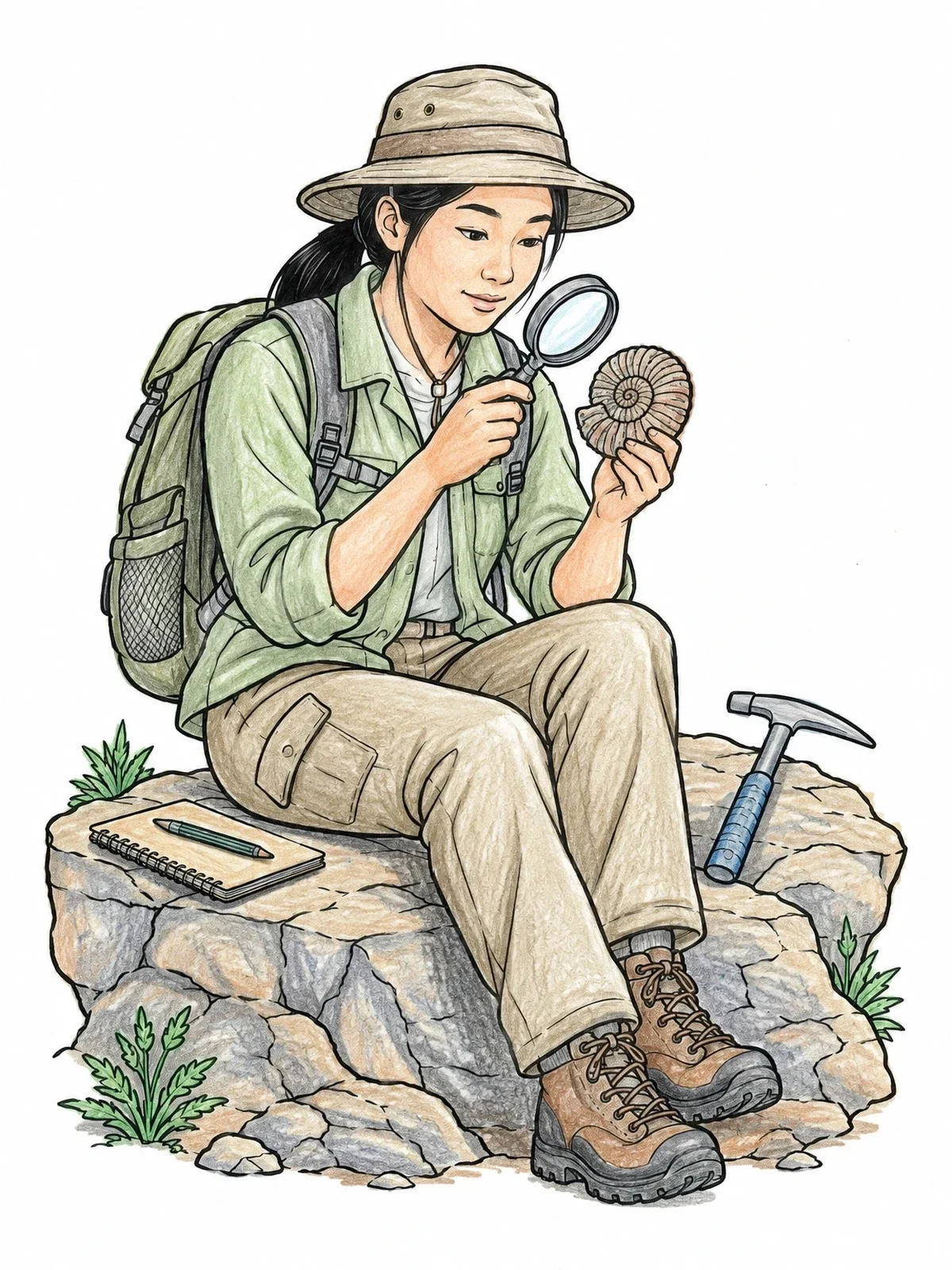 Colored example of the Paleontologist Examining An Ammonite Fossil coloring page