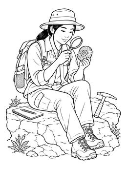 A paleontologist coloring page featuring a researcher examining an ammonite fossil through a magnifying glass.