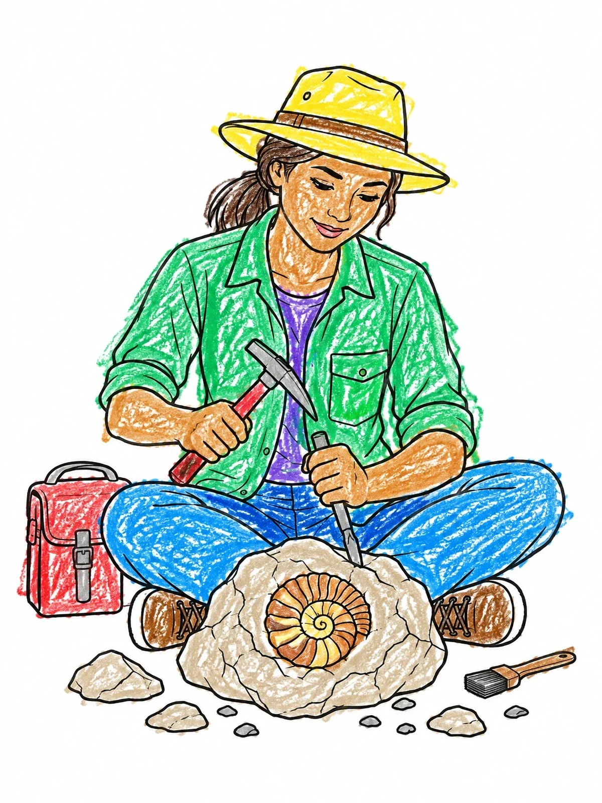 Colored example of the Paleontologist Excavating An Ammonite Fossil coloring page