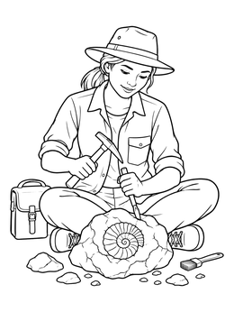 A detailed paleontologist coloring page featuring a woman uncovering an ammonite fossil with tools.