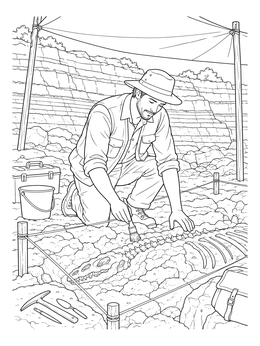 A detailed paleontologist coloring page showing a scientist uncovering fossil bones at a dig site.