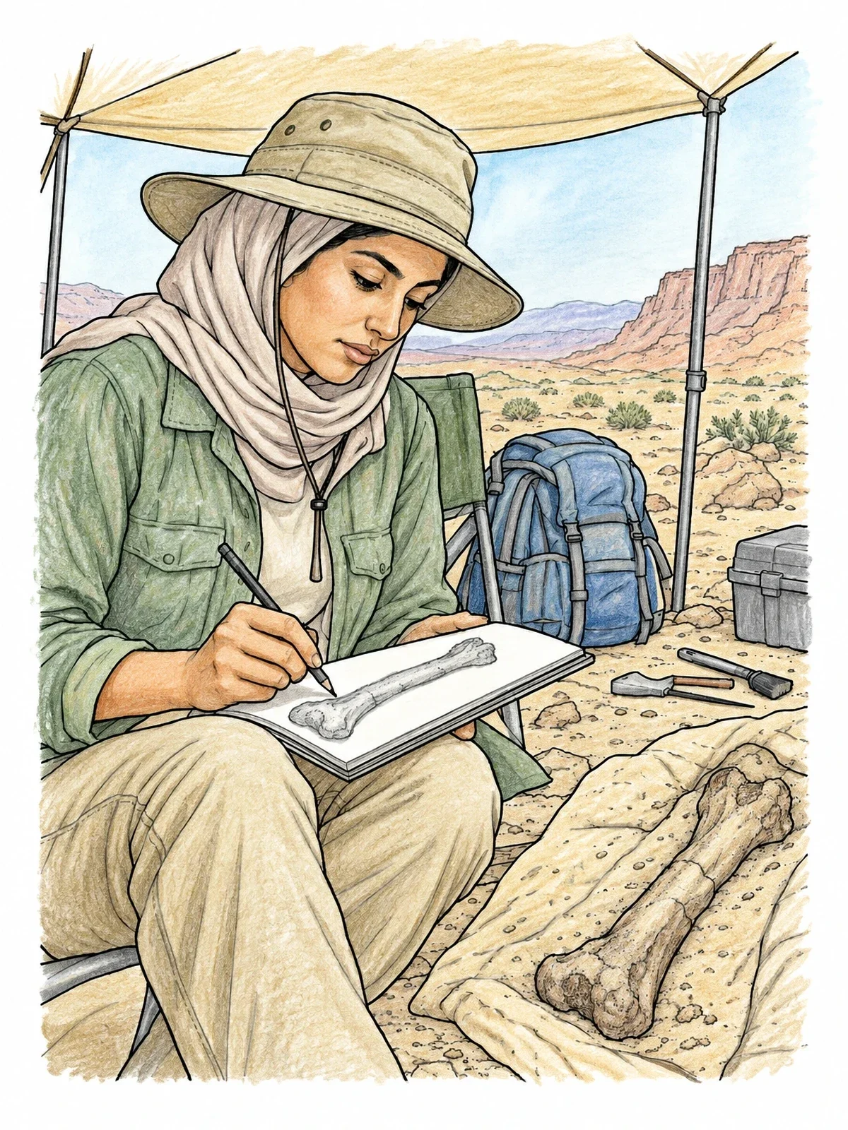 Colored example of the Paleontologist Sketching Fossil In Field coloring page