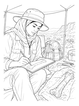 A detailed paleontologist coloring page showing a researcher sketching a fossil bone under a canopy.