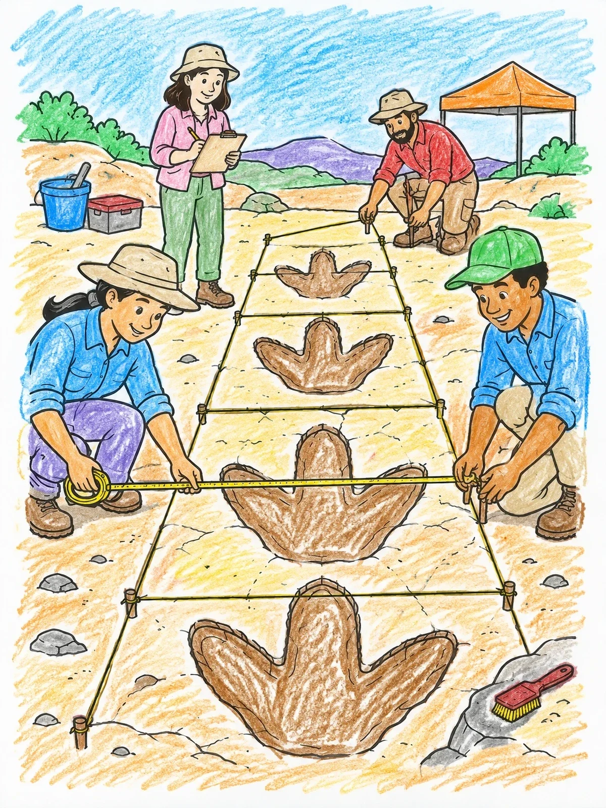 Colored example of the Paleontologists Measuring Giant Dinosaur Footprints coloring page