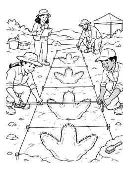 Free printable Paleontologists Measuring Giant Dinosaur Footprints coloring page