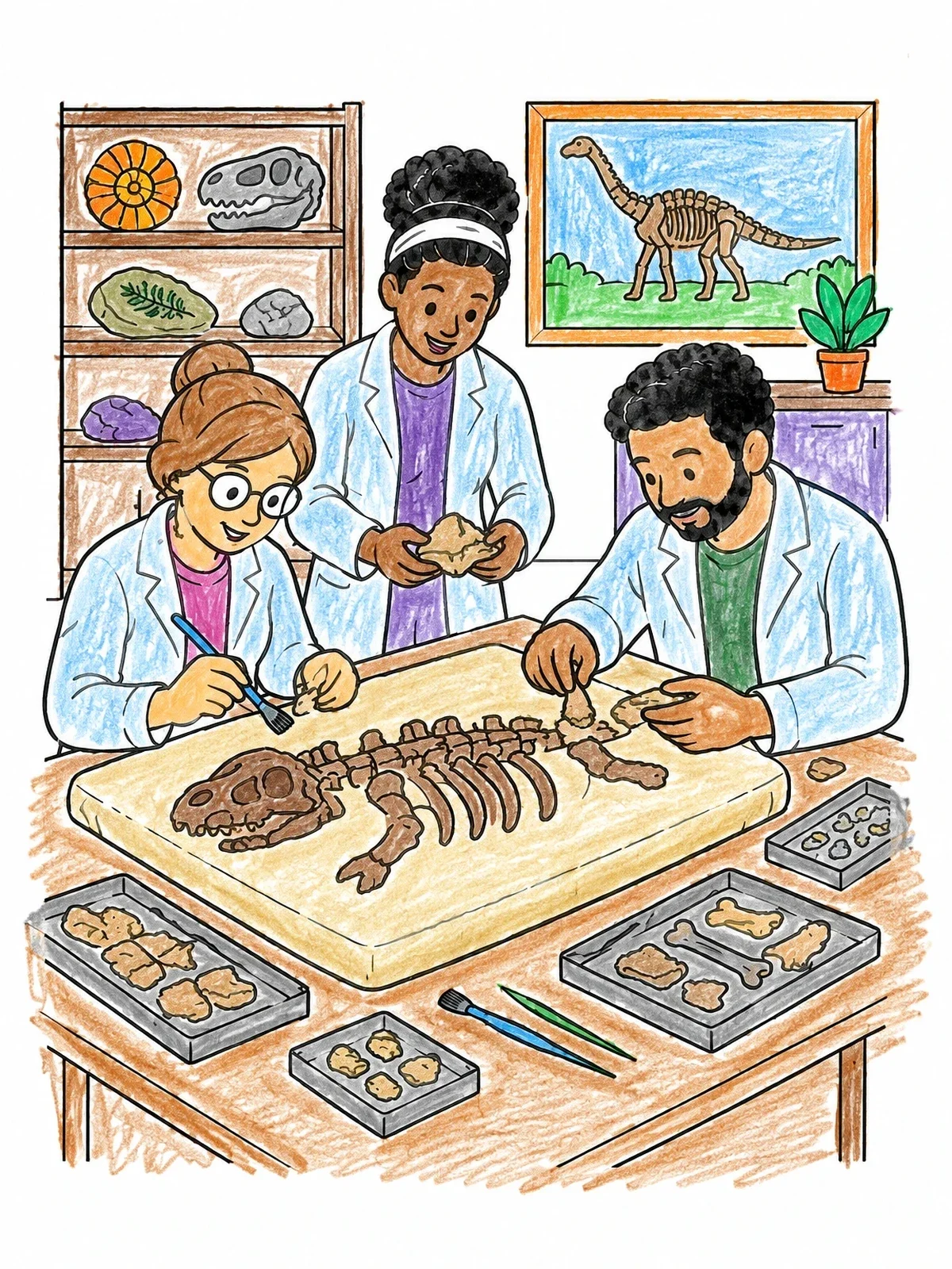 Colored example of the Paleontologists Rebuilding Dinosaur Fossil coloring page