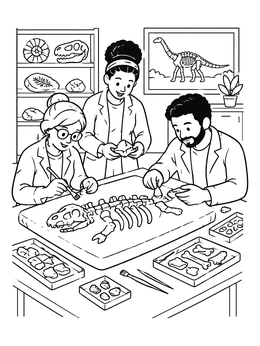 Free printable Paleontologists Rebuilding Dinosaur Fossil coloring page