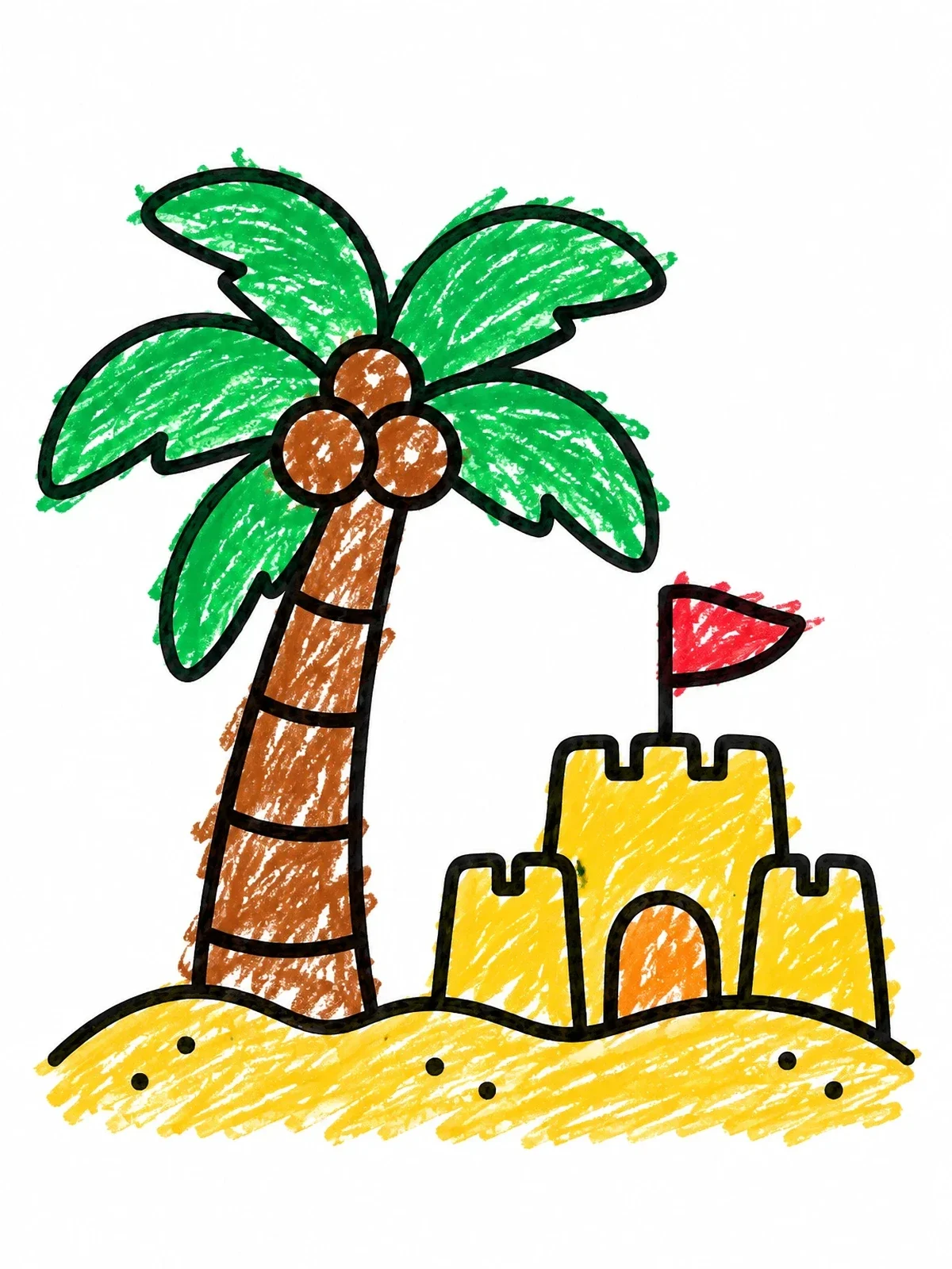 Colored example of the Palm Tree And Beach Sandcastle coloring page