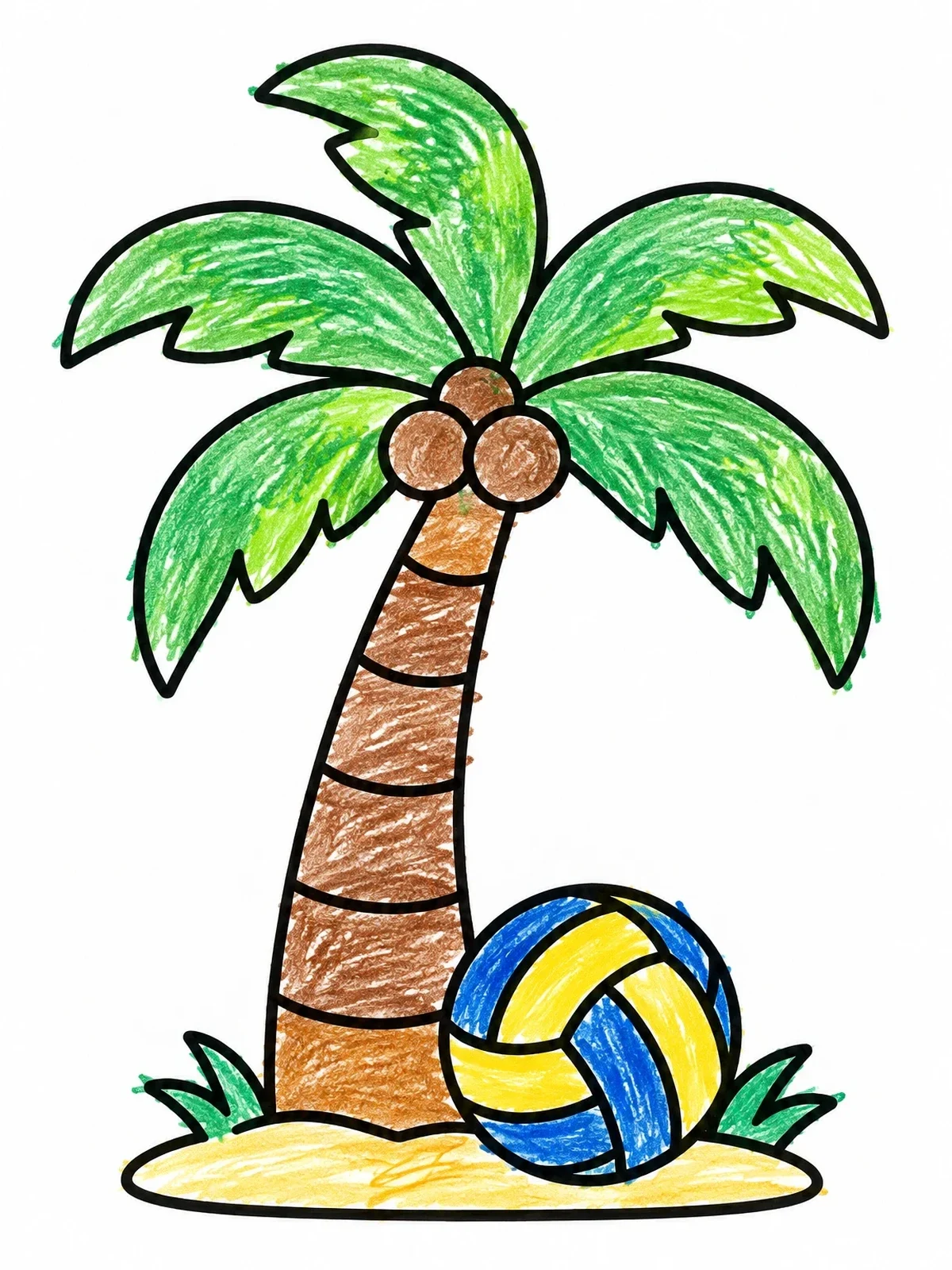 Colored example of the Palm Tree And Beach Volleyball coloring page