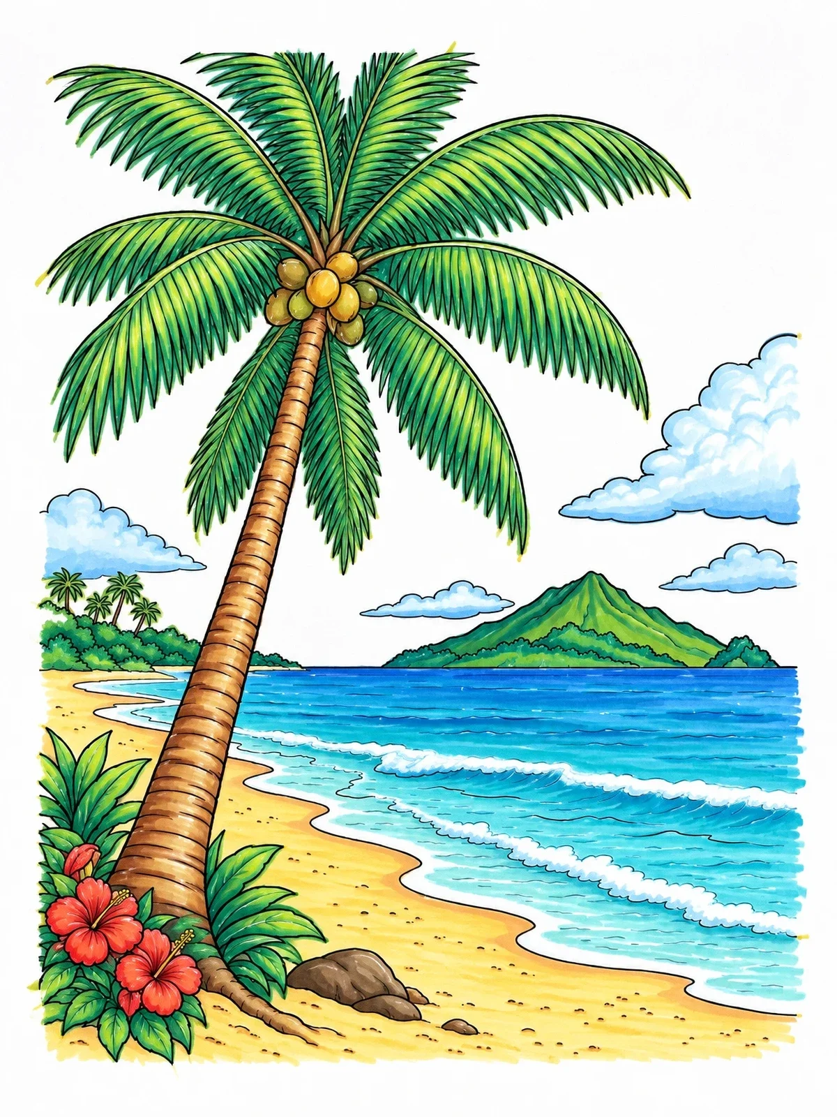 Colored example of the Tropical Palm Tree By The Ocean coloring page