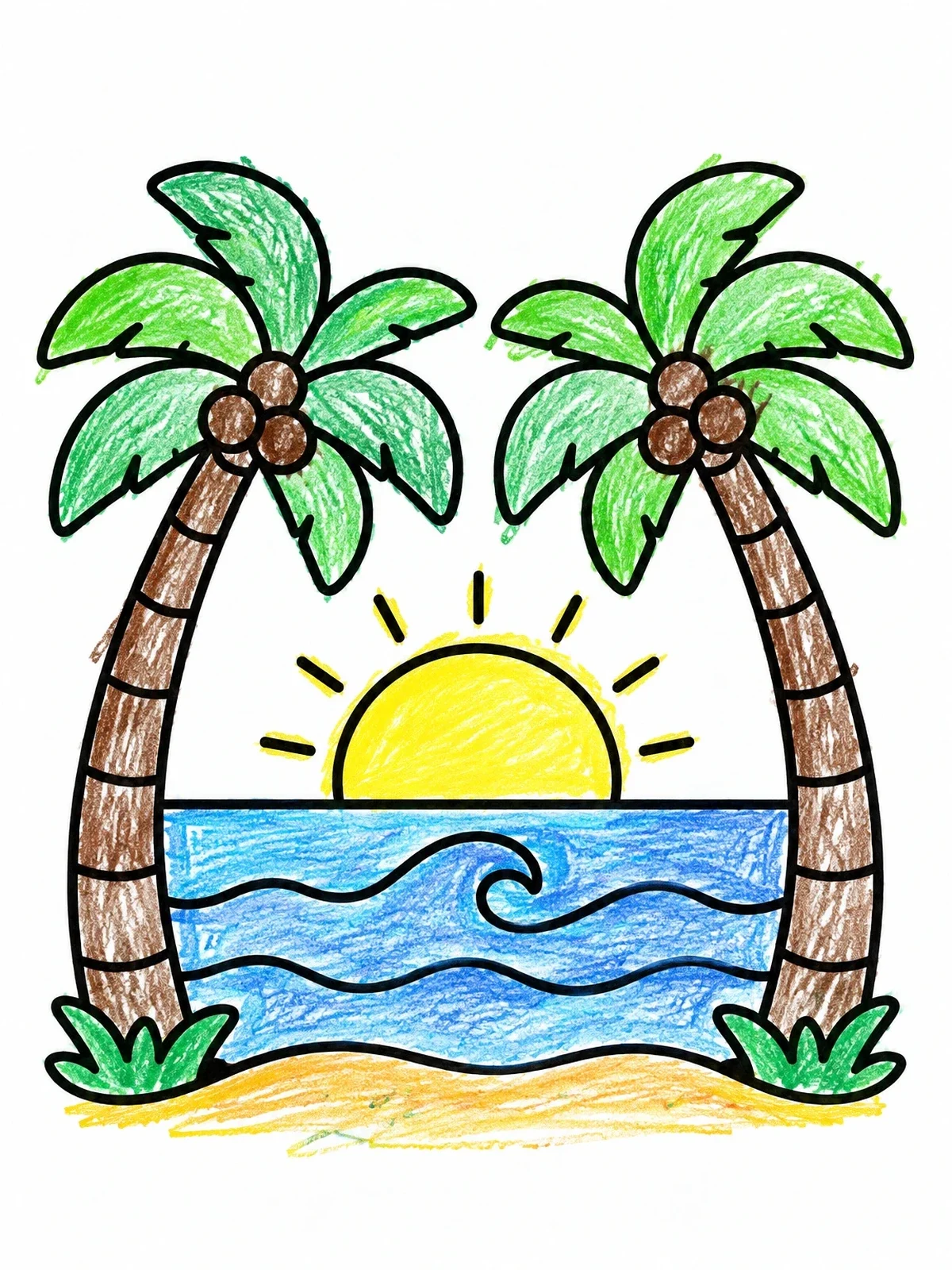 Colored example of the Palm Trees And Ocean Sunset coloring page