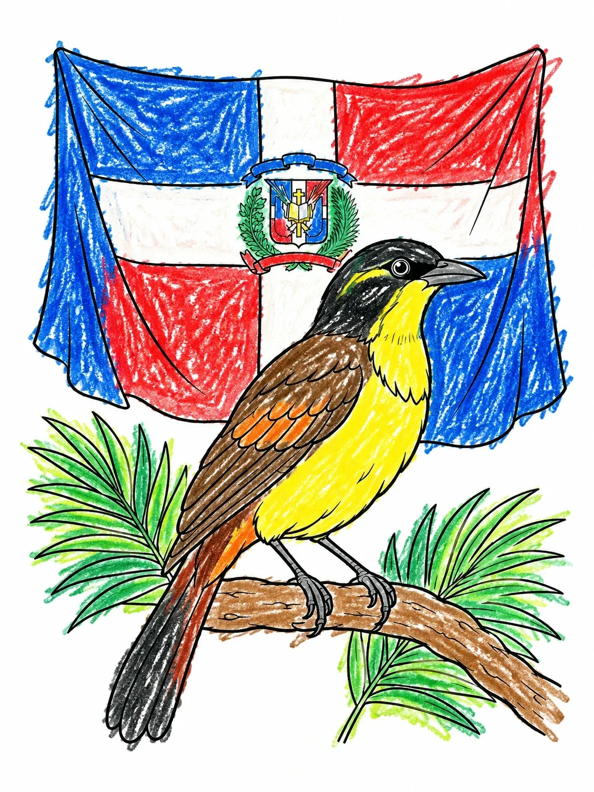 Colored example of the Palmchat And Dominican Republic Flag coloring page