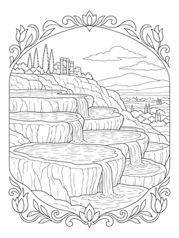 Thermal limestone terraces framed by floral motifs in a turkey country coloring page.