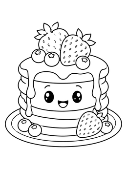 Free printable Cute Smiling Pancake Stack With Berries coloring page