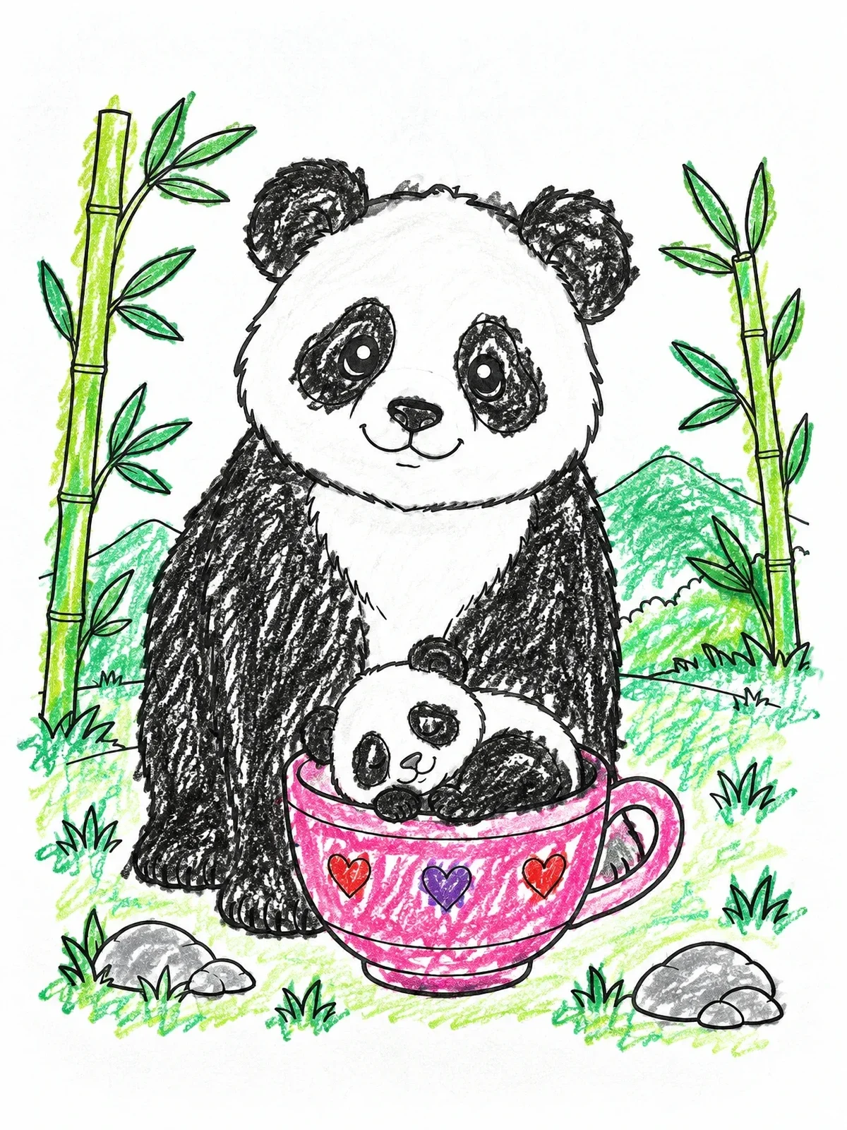 Colored example of the Mother Panda And Baby In Teacup coloring page
