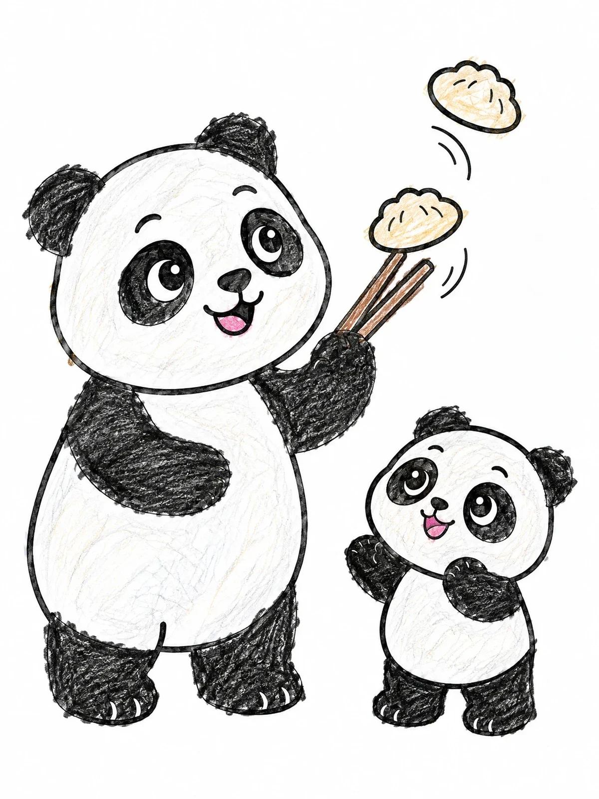 Colored example of the Pandas Catching Steamed Dumplings coloring page